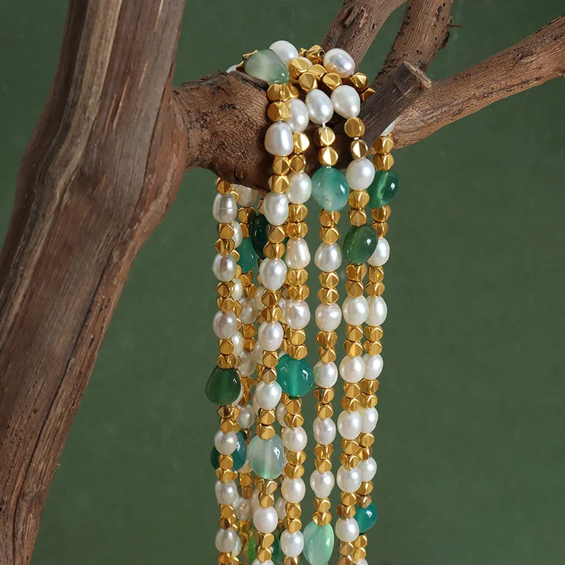 Marka Natural Freshwater Pearl Necklace Green Natural Stone Jewelry Accessories Gold Plated Beaded Chain Girl Gift Sale