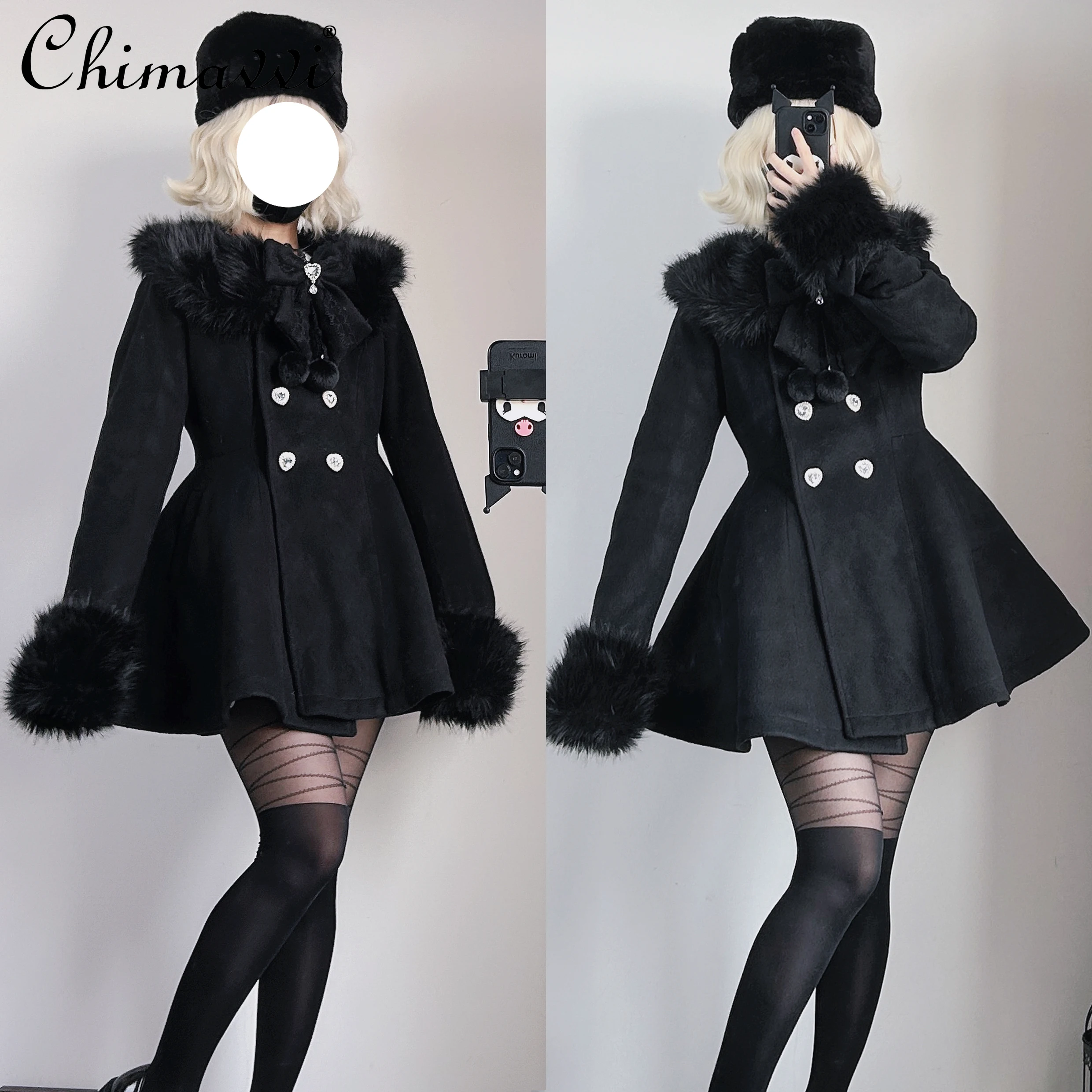 Original Japanese Mine Series Mass Production Removable Fur Collar Woolen Coat Winter New Lolita Slim Warm Elegant Jackets Women