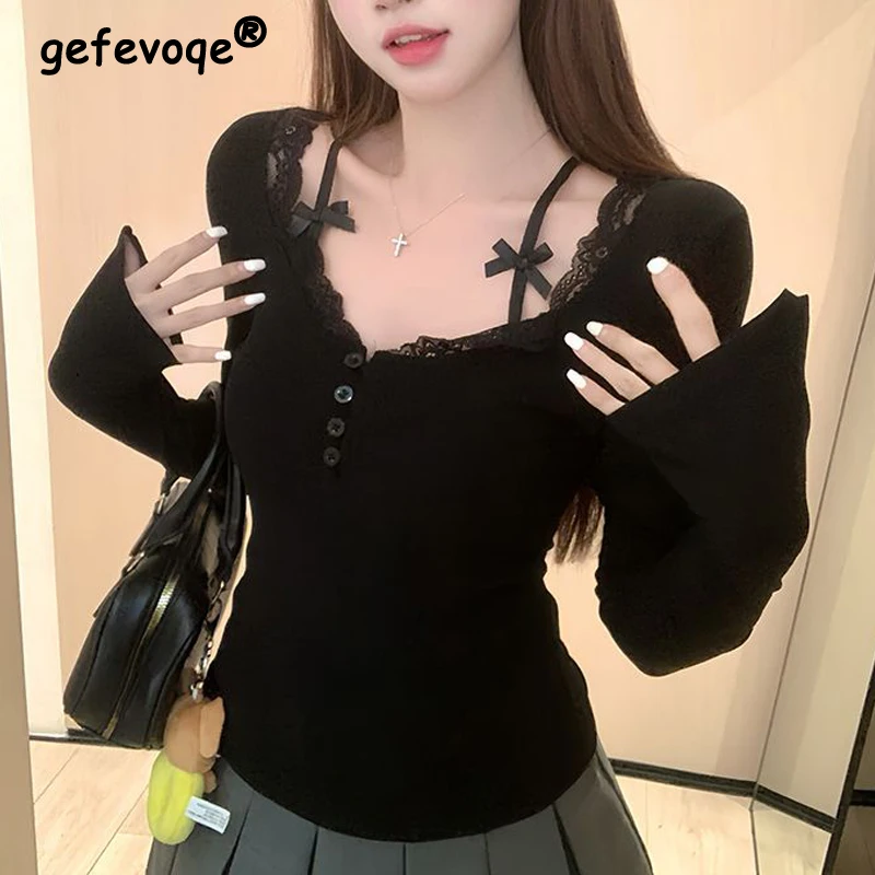 

Женская одежда Осень Зима Сладкий шик Лук Кружева Лоскутная толстая теплая базовая футболка Y2K Сексуальные тонкие укороченные топы с v-образным вырезом и длинными рукавами