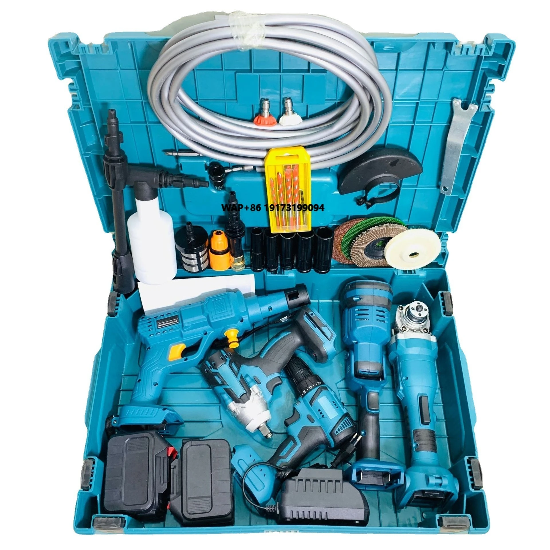 

Набор из 5 аккумуляторных электроинструментов: дрель, бесщеточная угловая шлифмашина, беспроводной гайковерт, мойка для автомобиля