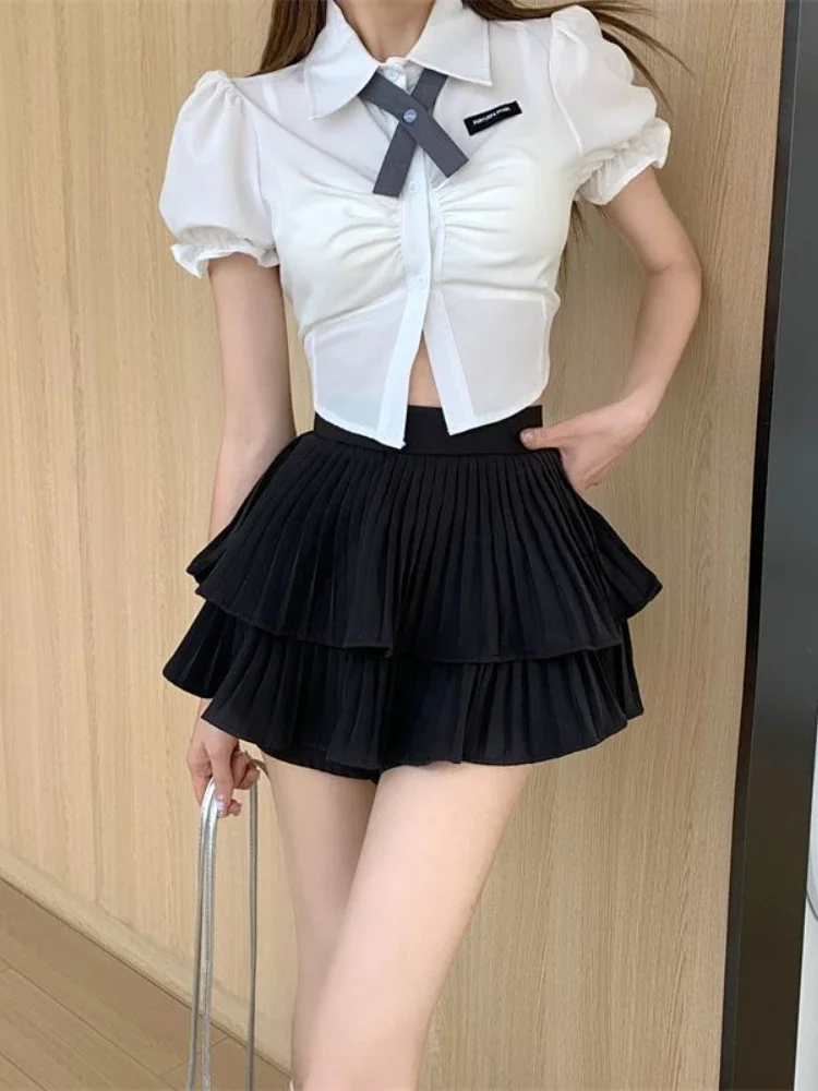 HOUZHOU Ruffles Skirt Shorts Women Summer Double Layered Patchwork High Waist School Pleated Mini Skirt Korean Style Casual