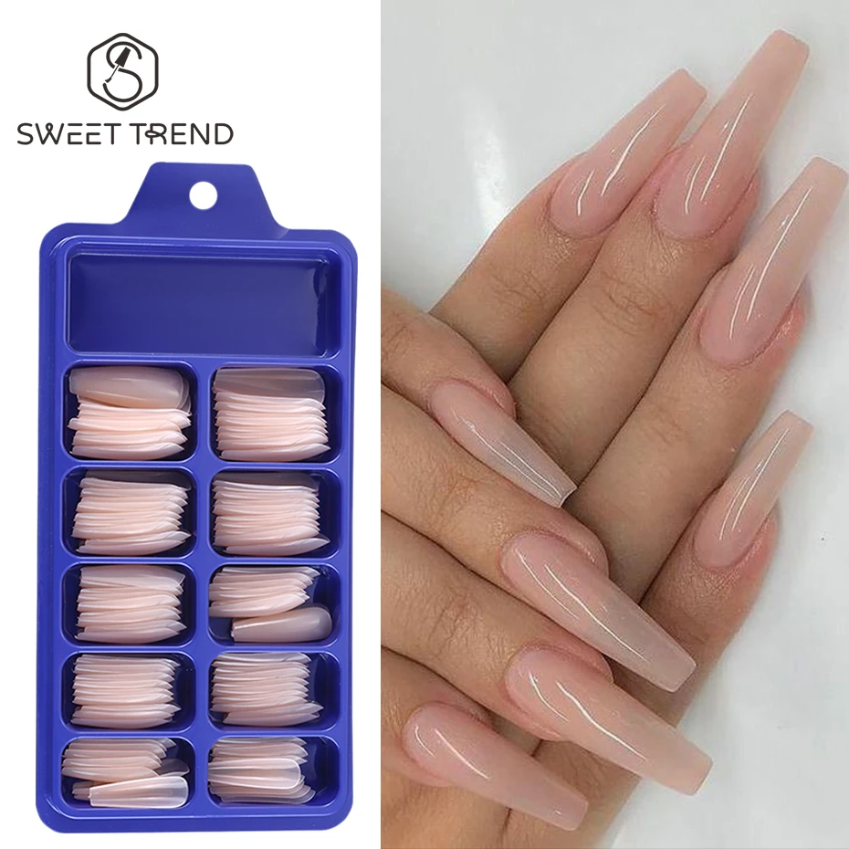 100szt Nude Pink False Nail Press On Nails Acrylic Extension Coffin Forms Nail Tips Artificial Long Full Cover Fingernails Tools