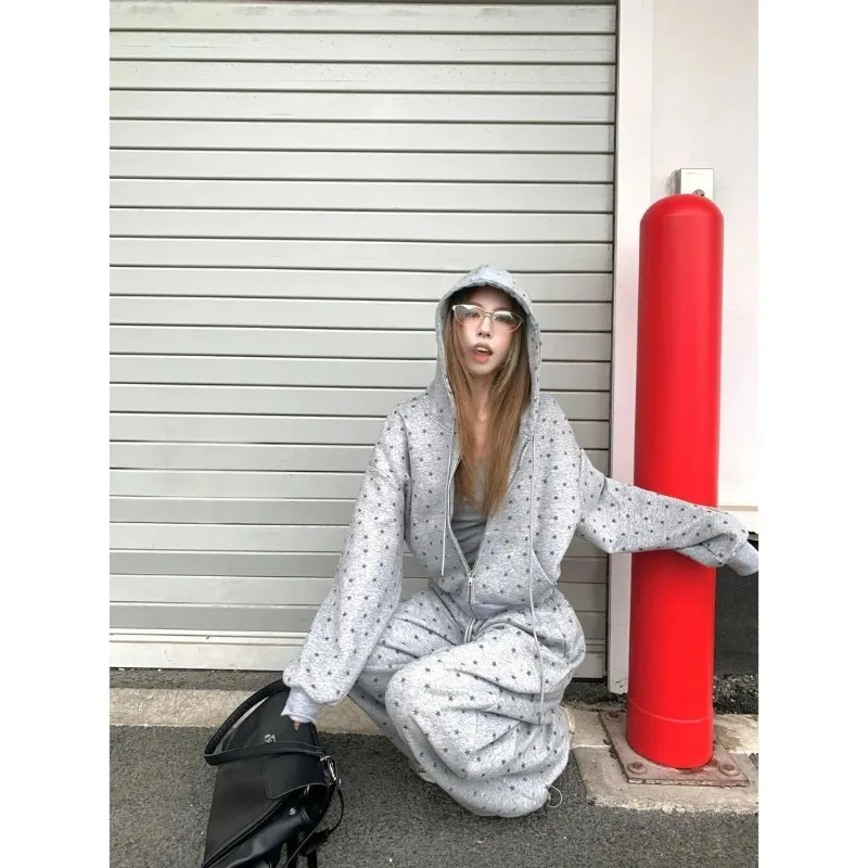 

American Star Print Hooded Sweater Jacket Women + Loose Casual Pants Two-piece Set、