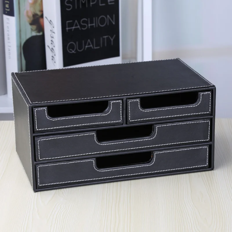 3 Layer Stationery Storage Drawers Box Desktop Sundries Organizer Box Artificial Leather Multi-Functional Desk Organizer Black