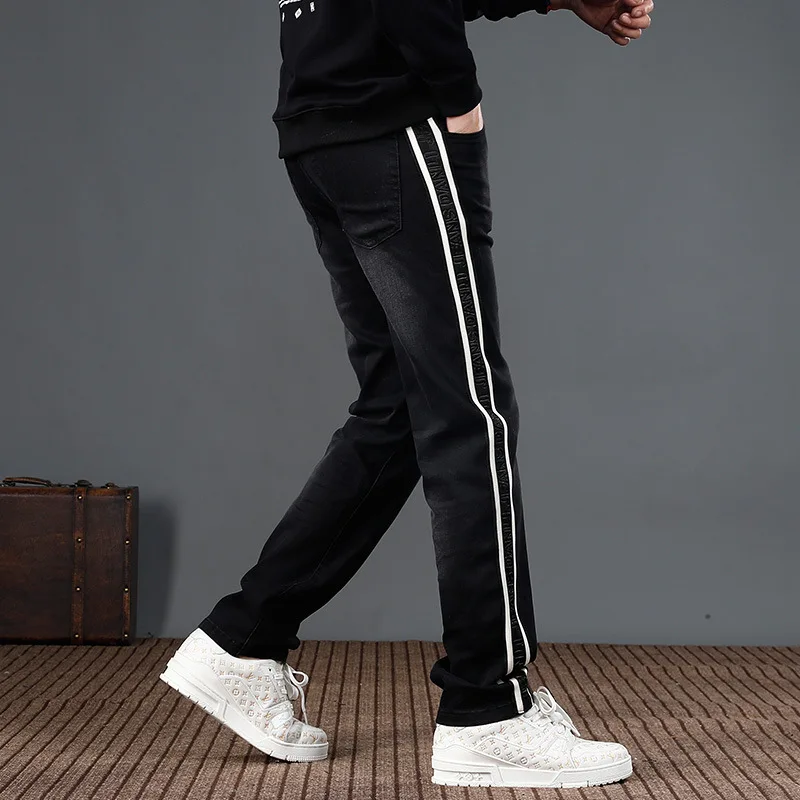 2024 New Fashion Stripe Black Jeans Men's Loose Straight Street Trend American Sports Style Denim Pants