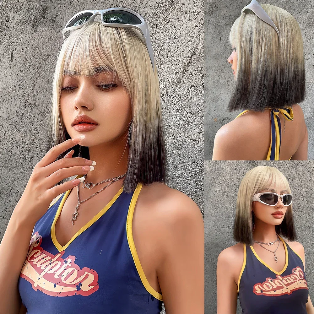 12Inch Mesmerizing Gray-Gold Gradient Synthetic Wigs With Bangs Short Natural Straight Hair Wig for Women Daily Heat Resistant