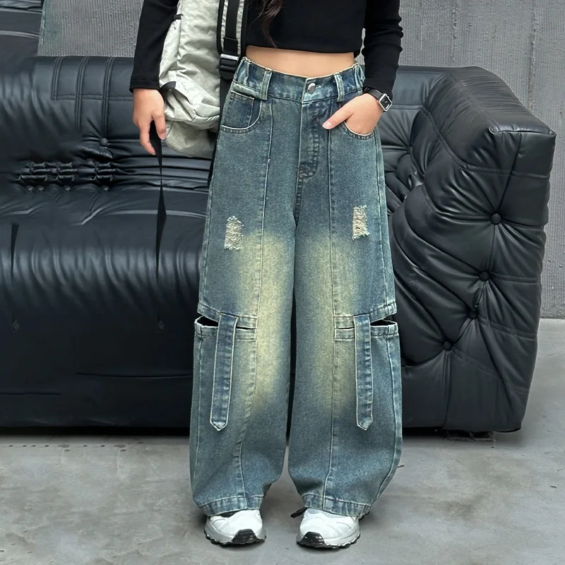 

2024 Hot Sale Wide Leg Trousers Teenage Girls Jeans with Loose and Ripped High Waist Kids Fashion Blue Jeans Cargo Pants