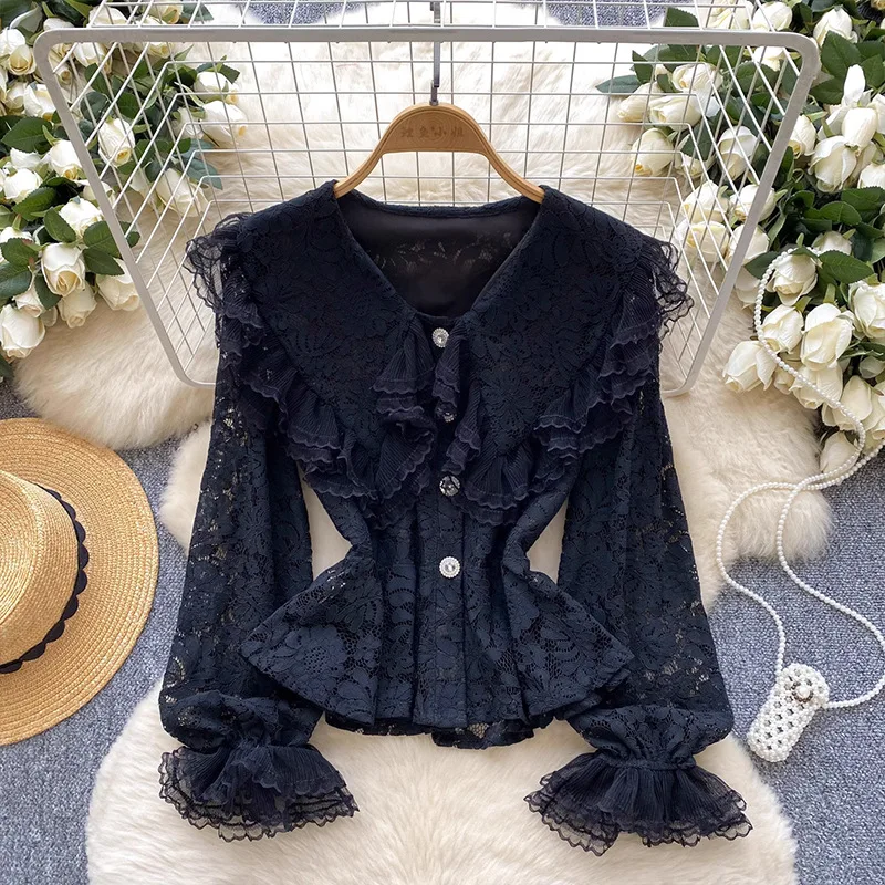 Hot 2026 New French Socialite Lace Patchwork Doll Collar Trumpet Sleeve Lace Tops Fashion Versatile Long Sleeved Shirt T-Shirt