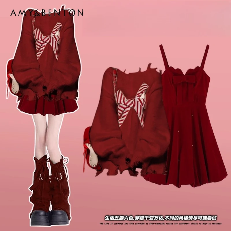 

Весна и осень 2023, новая красная серия, одинаковый комплект, вязаный абрикосовый черный свитер с рождественским бантом, повседневное универсальное платье на бретелях