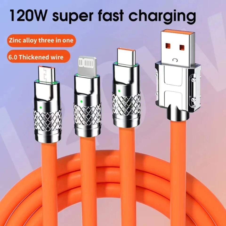 2PCS 6A 120W 3in1 USB Fast Charger Cable For iPhone 14 Micro USB Type-C 8-Pin Charging Cable For Huawei Samsung Xiaomi Wire Cord