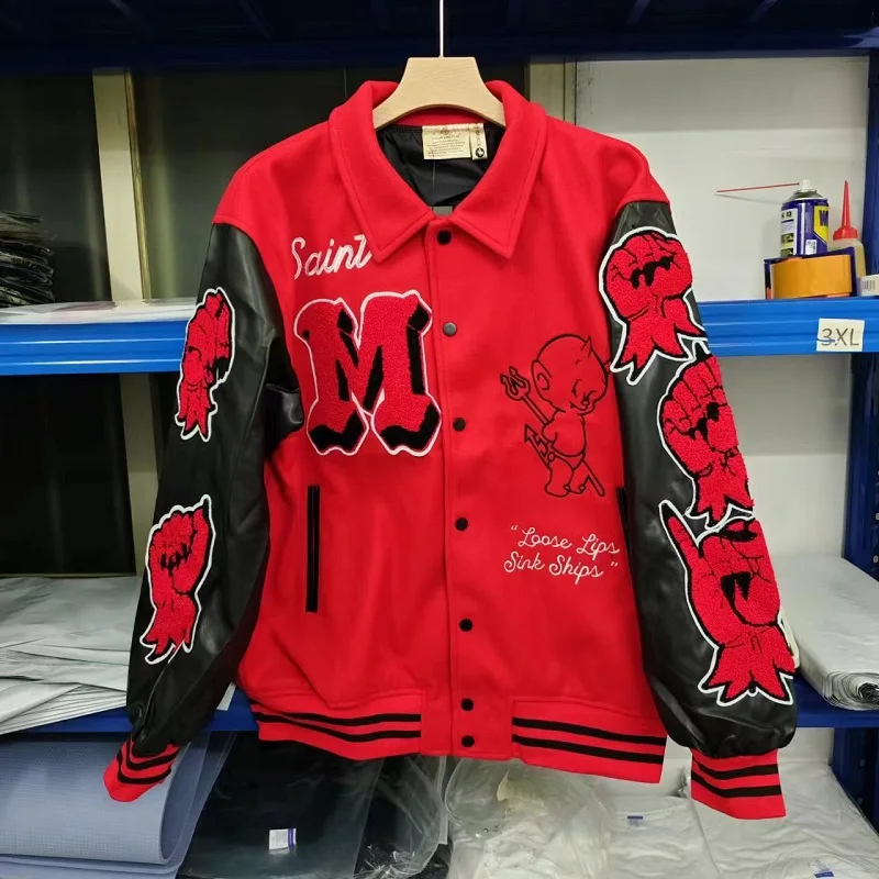 Winter Saint Jackets Towel Embroidered Letters Demon Baseball Jersey Vintage Contrasting Colors Leather Sleeves Men Women Coat