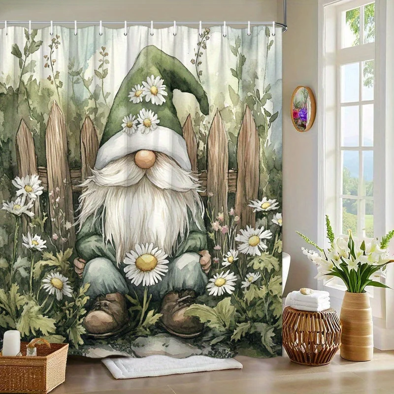 

Gnome & Daisy Garden Shower Curtain - Rustic Fence, Fairy-Tale Scene, Green Hat Gnome,Yellow Daisies,Polyester,Rustic Bath Decor