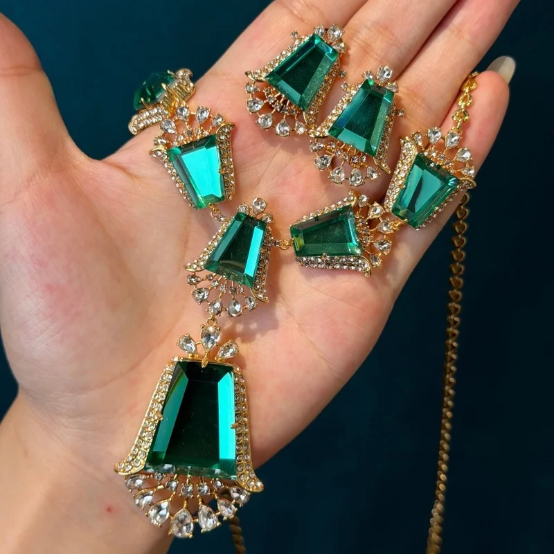 Vintage Alien Ice Blue Rhinestone White Zircon Jewelry Sets Necklace Earrings For Women Design Brands Dress Accessories Gift