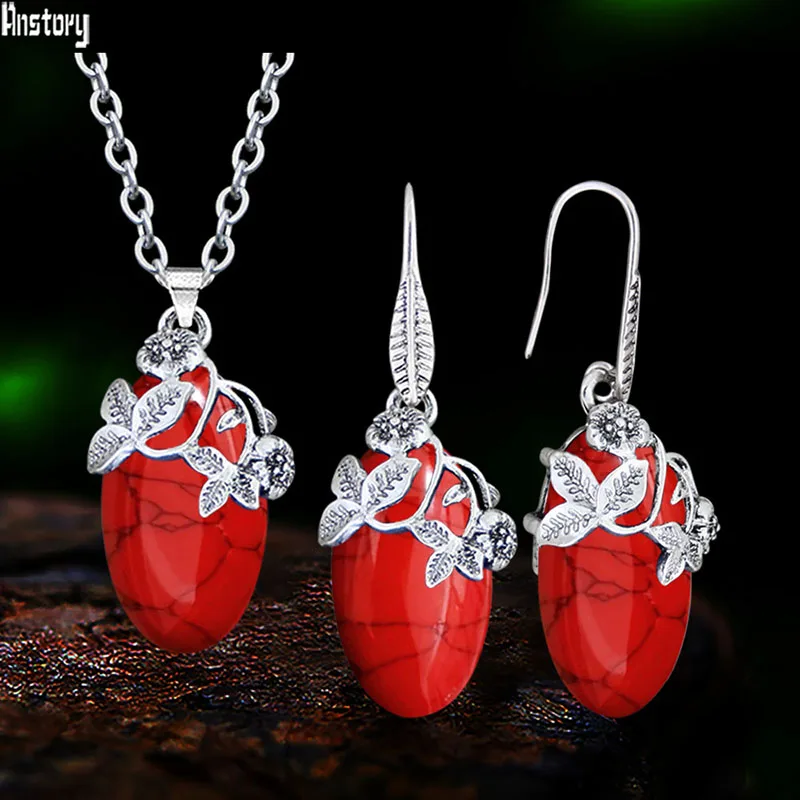 

Vintage Look Flower Pendant Synthetic Turquoises Necklace Earring Sets For Women Antique Silver Plated Eye Shape Fashon Jewelry