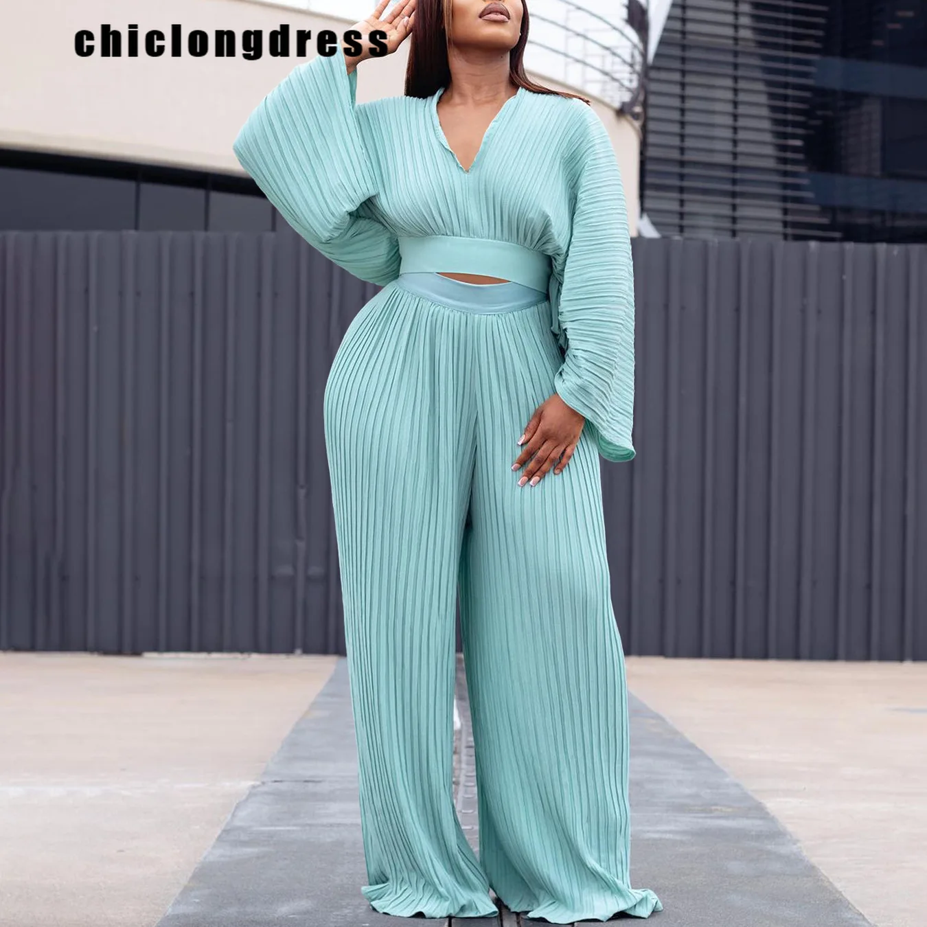 Spring Summer Pleated Two Piece Set African Women Fashiona Solid V-neck Flared Sleeve Shirt Wide Leg Pants Two Piece Set Women