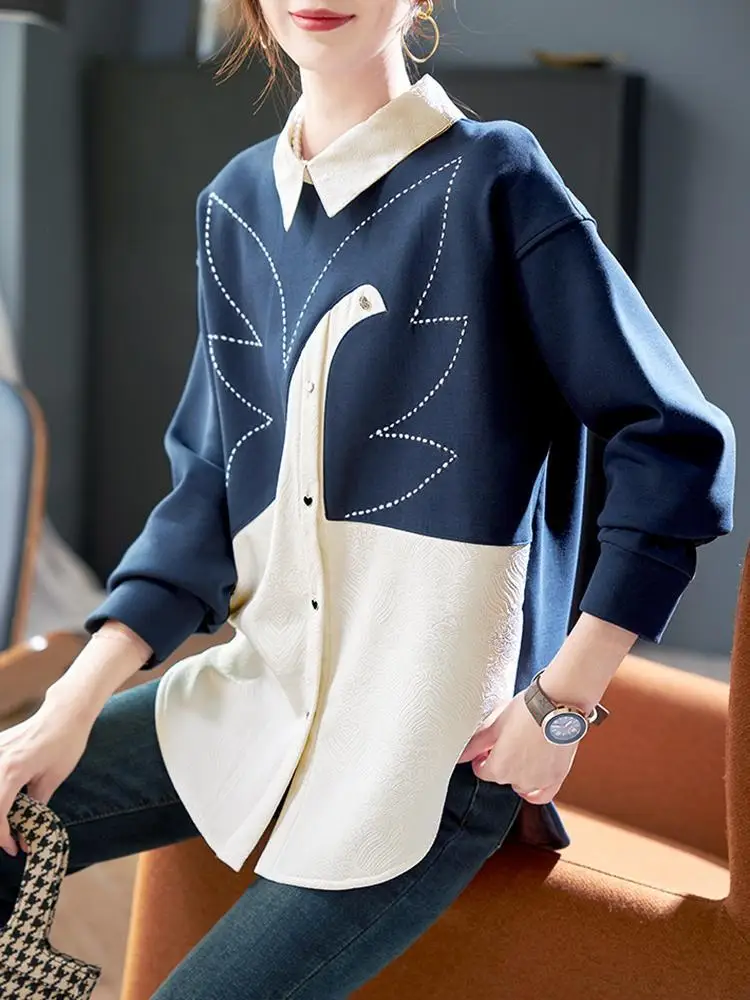 

Korean Casual Spring Women's POLO Collar Contrast Color Zipper Button Patchwork Diamonds Fashion Long Sleeve Sweatshirt Tops