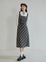 DUSHU Women Brown Blue Plaid British Style Vest Skirt Sets Camisole Long A-LINE Skirts Office Lady Thicken 5.4% Wool Set