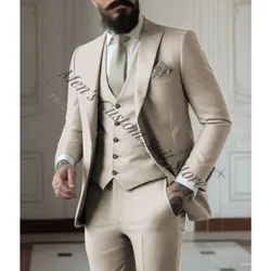 Classic Beige 3 Pieces Men's Suits Tailor Made Business Formal Man Wear Wedding Suit Grooms Jacket Vest Pants Set