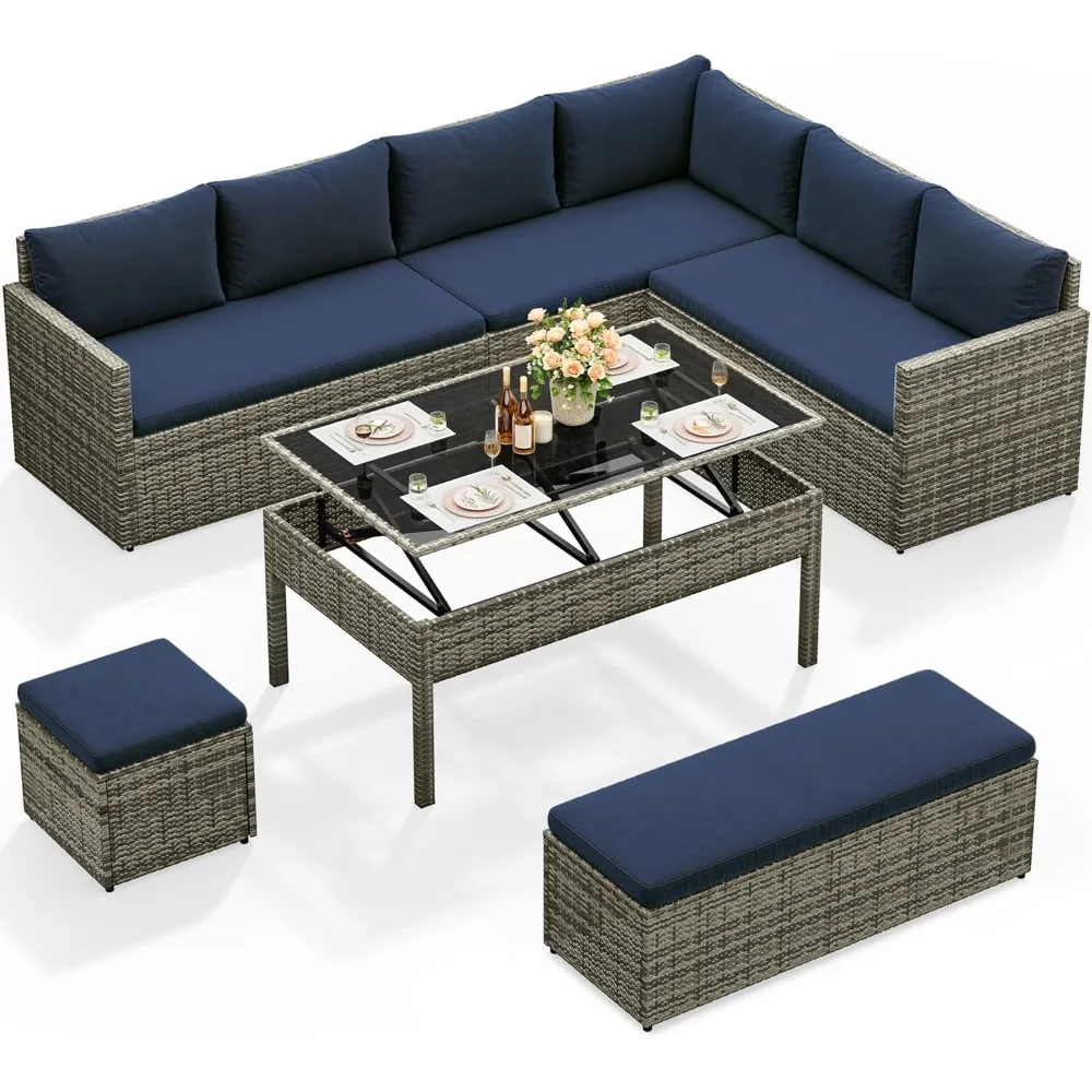

L-Shaped Patio Furniture Set, All Weather Wicker Outdoor Sectional Sofa Conversation Set with Dining Table and Ottoman, Navy Bl