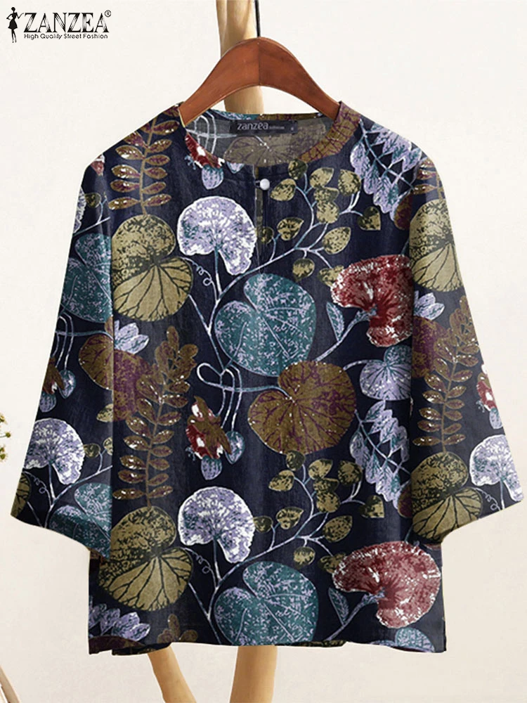 

ZANZEA, винтажные осенние рубашки с принтом, женские хлопковые блузки, повседневные рабочие блузки с круглым вырезом и рукавами 3/4, женские свободные топы большого размера