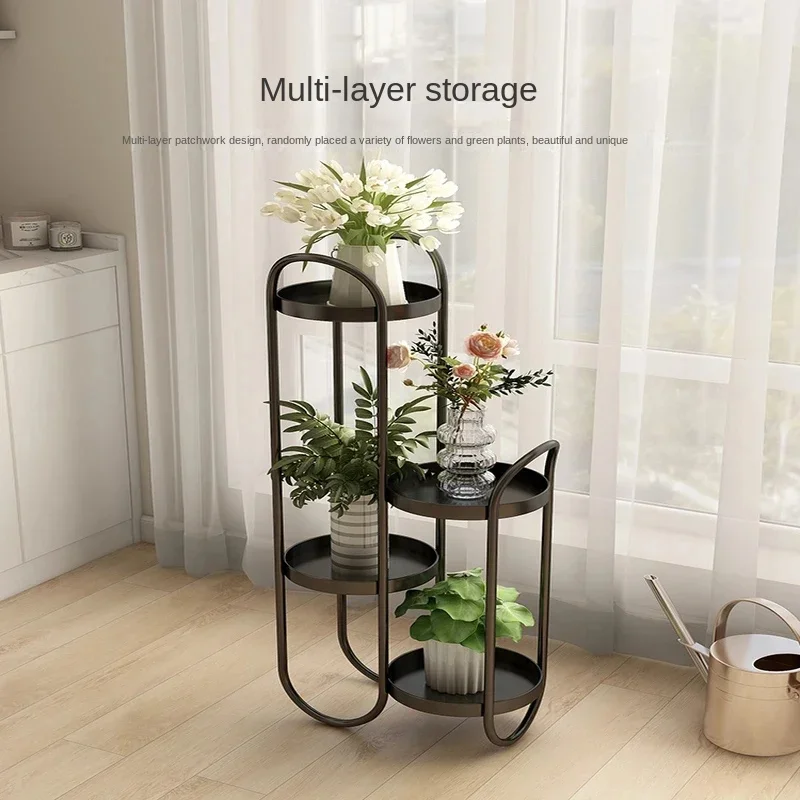 Cream Wind Nano Gold Flower Stand Multi-Layer Iron Plant Shelf Elegant Indoor Balcony Pot Rack Sophisticated Plant