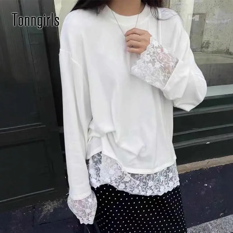 

Tonngirls корейская модная футболка женские с длинным рукавом белые футболки кружевные лоскутные уличные футболки Fairycore повседневные свободные 2000-х годов