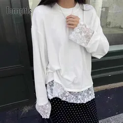 Tonngirls Korean Fashion T Shirt Women Long Sleeve White Tee Tops Lace Patchwrok Streetwear Fairycore Tshirts Casual Loose 2000s
