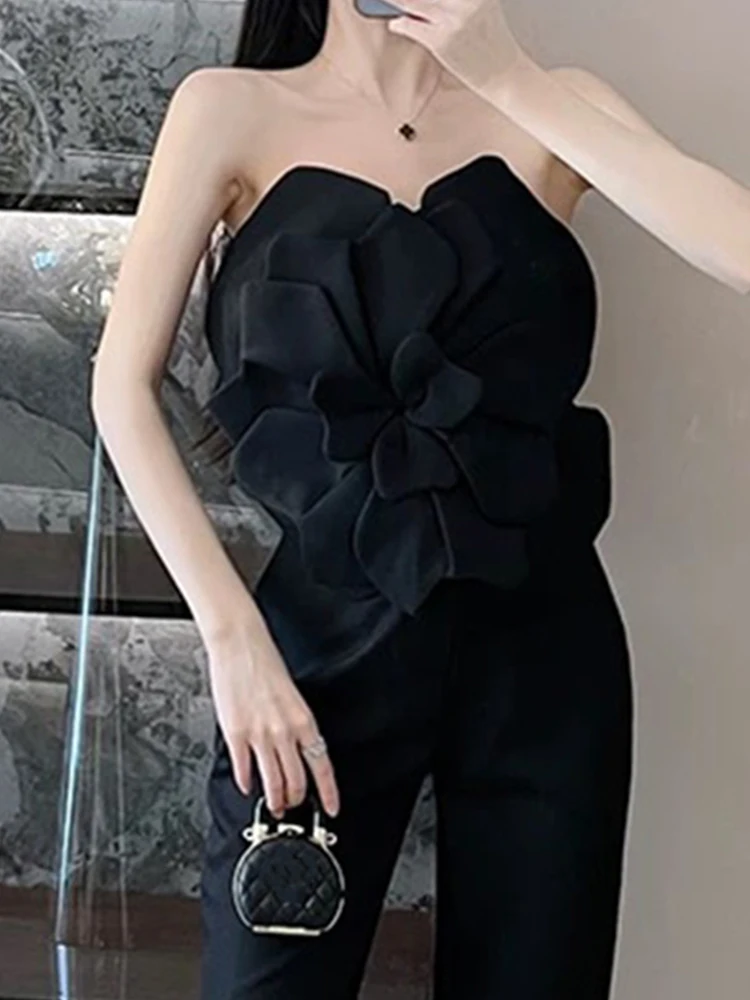 Retro luxury three-dimensional flower holiday tube top 2026 summer women's new slim and slim backless va va voom Joker shirt
