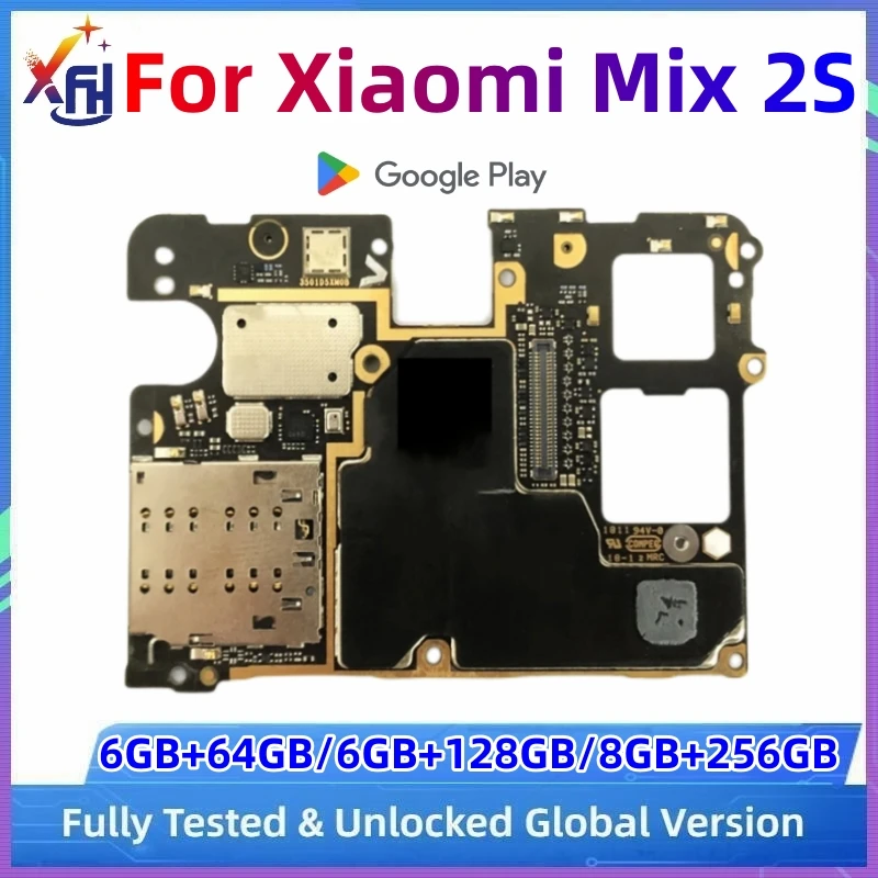 Motherboard MB untuk Xiaomi Mi Mix 2S, 64GB, 128GB, 256GB ROM, Unlocked Mainboard, dengan Google Playstore terpasang