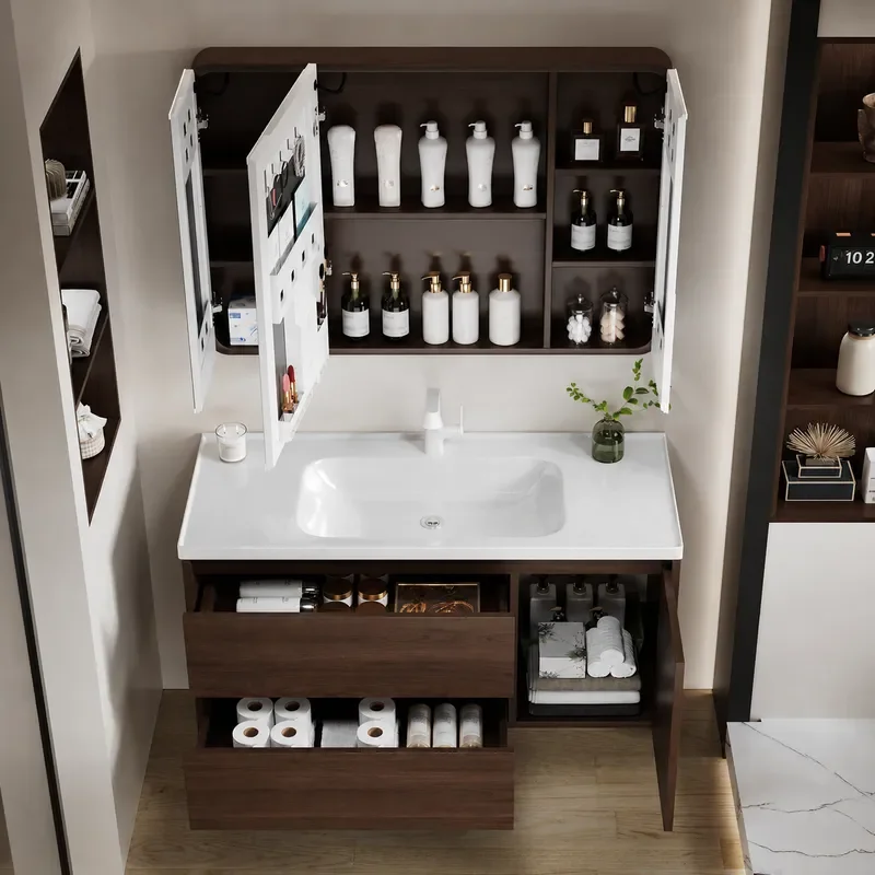 Medieval Walnut Bathroom Cabinet with Ceramic Integrated Basin Solid Wood Multi Layer Vanity Unit with Drawer and Hand Wash