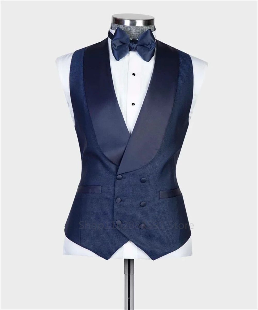 2024 New Navy Blue Mens Suits 3 Pieces Formal Business Blazer Tuxedos Shawl Lapel For Wedding Groom Man ( Jacket+Vest+Pants)