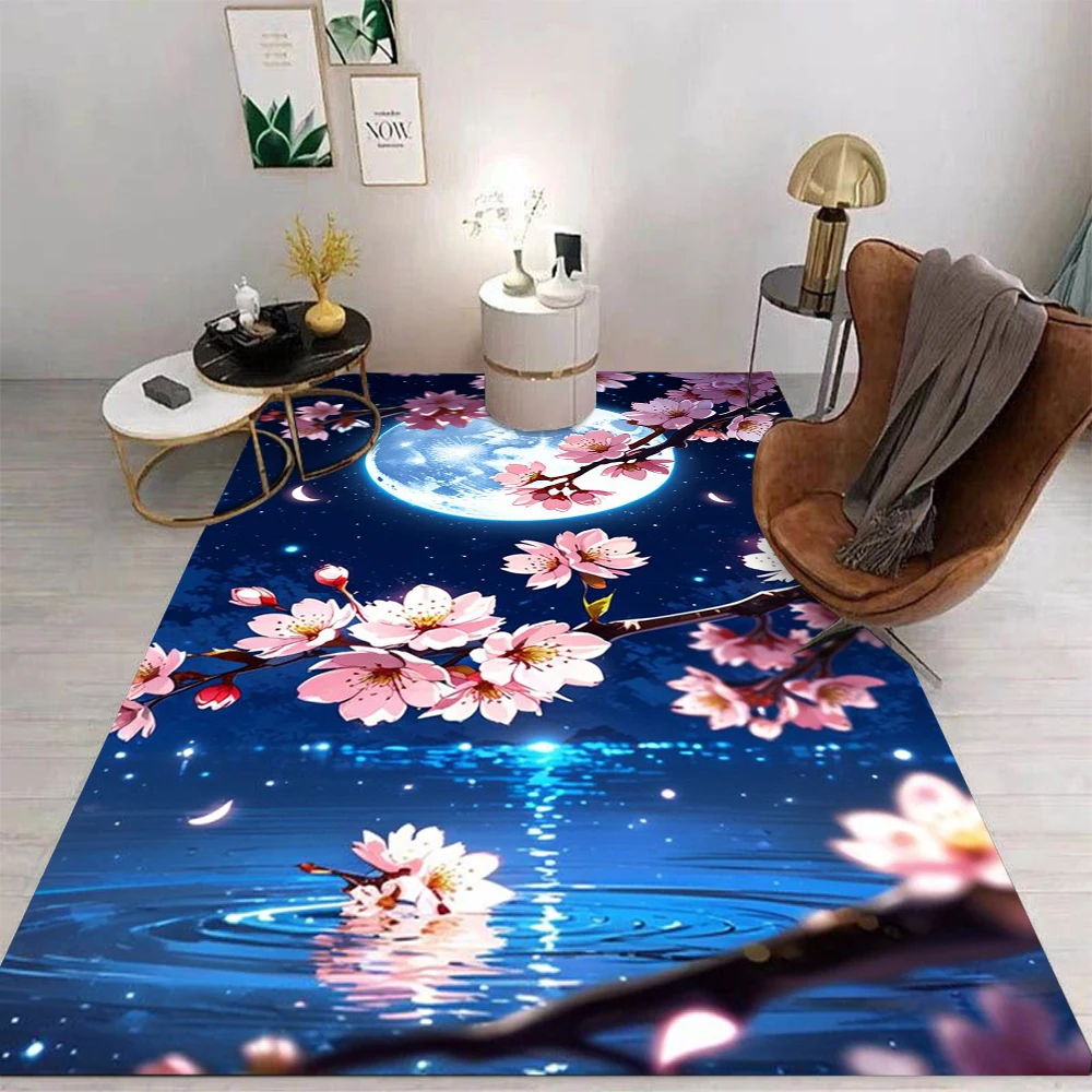 Japanese Cherry Blossom Night Scene Carpet Various Styles With Moon River Street Lamp Floral Patterns Rug For Living Room Decor