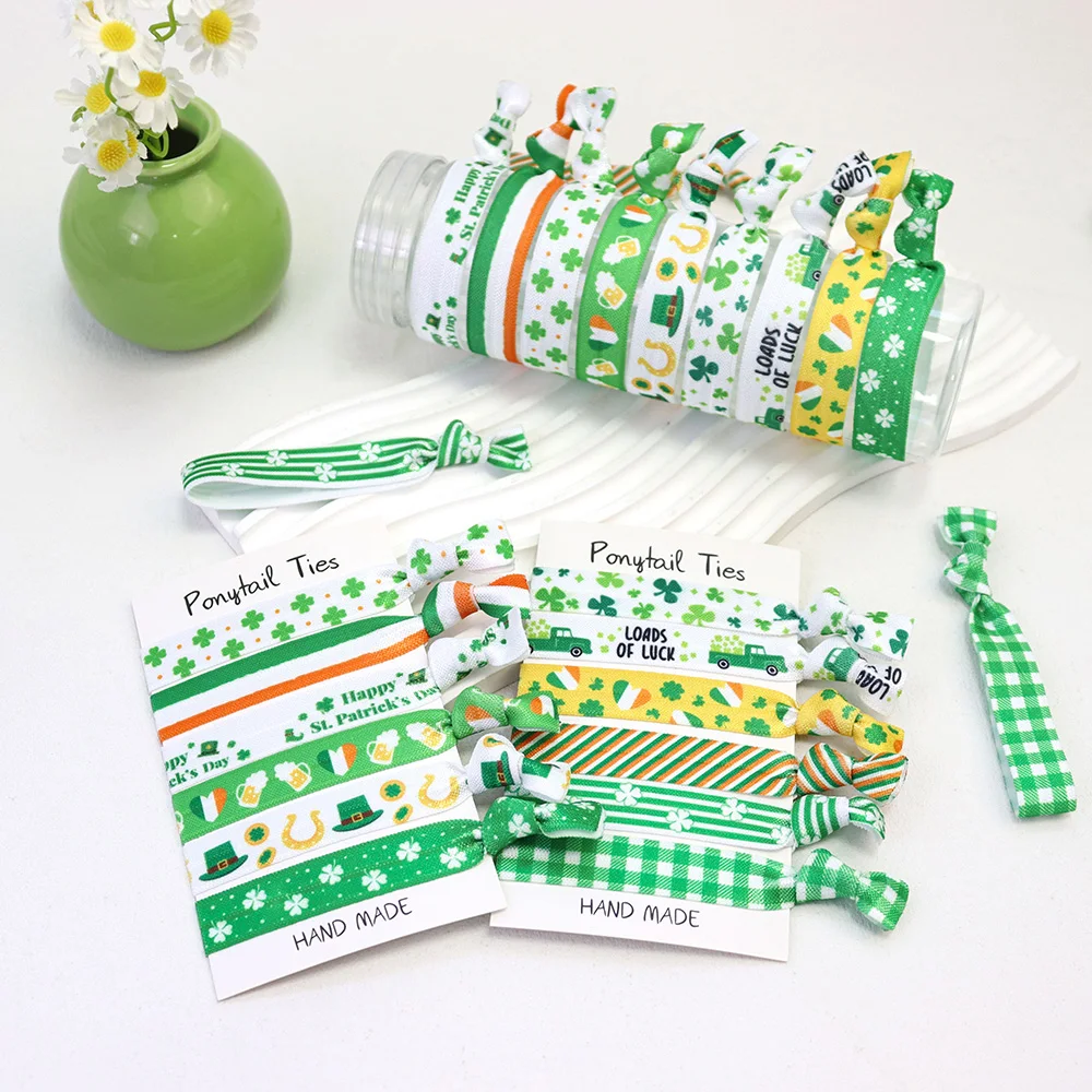 30Pcs 5/8'' 15mm Green Saint Patrick's Day Print Fold Over Elastic Band Hair Tie FOE Ribbon Bracelet Ponytail Holder