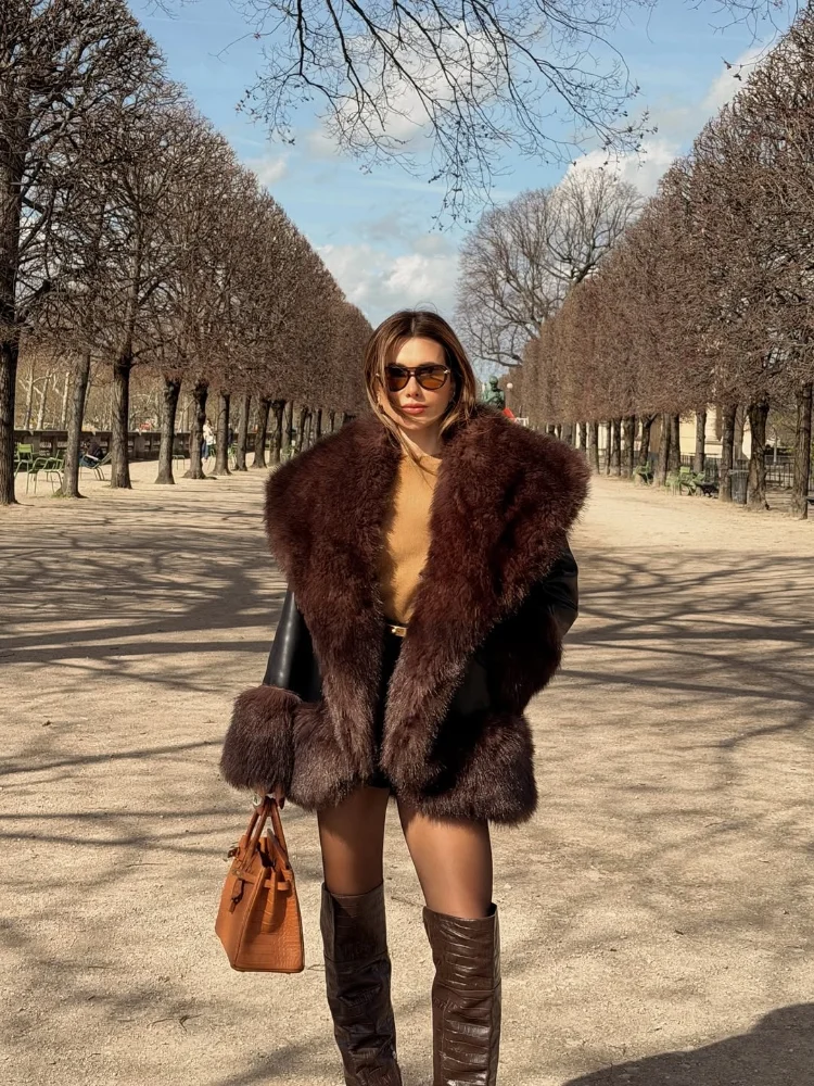 Ladies Warm Winter Outerwear Long Sleeve Open Front Faux Leather Jacket Faux Fur Collar Cuff Fashion Streetwear Coat Daily Look