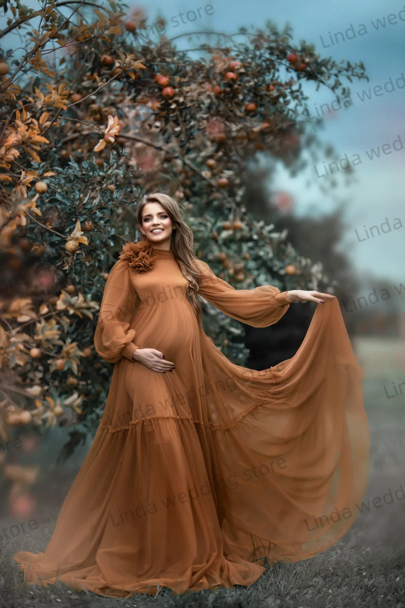 Classic Maternity Dress for Photoshoot Long Tulle Sleeves Prom Party Gowns Ruched Floor Length Vestidos For Babyshower