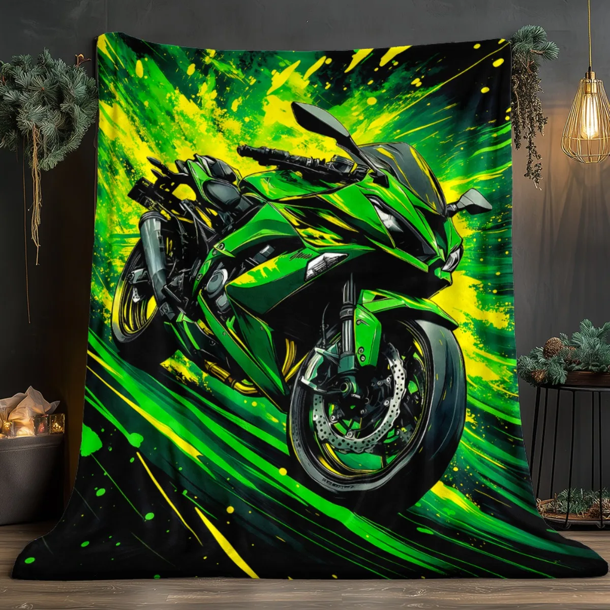 Green Motorcycle Racing Speed Bike Fleece Blanket Motorbike Enthusiast Gift Soft Flannel Throw Cover Automotive Decor Bedding