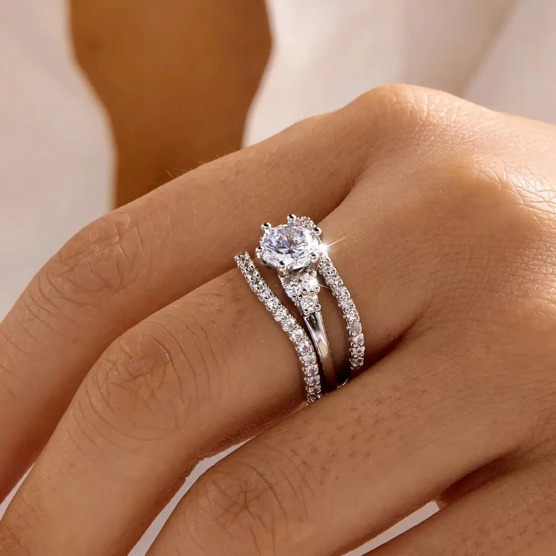 Minimalist 3 Piece Stacking Ring Set for Women Brass Zircon Round Brilliant Stone Curved Enhancer Band Fashion Jewelry