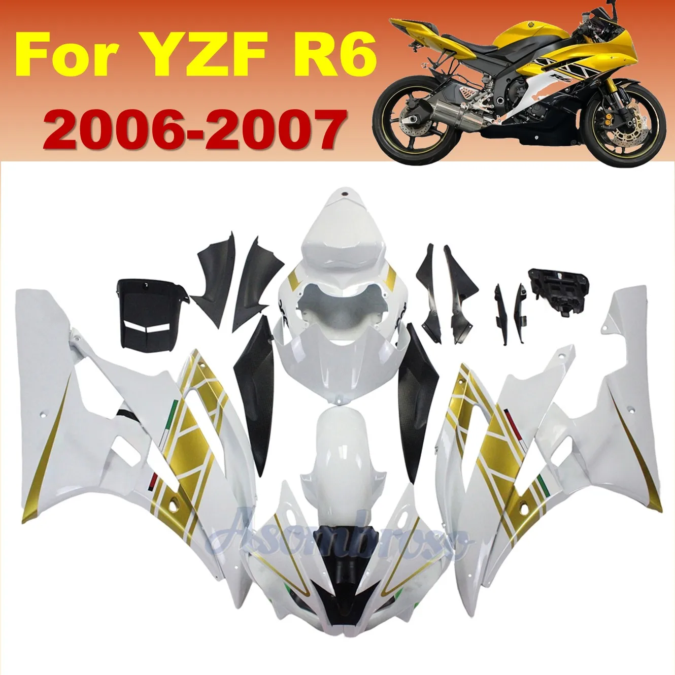 

Fit For Yamaha YZF R6 2006 2007 YZF-R6 RJ11 Motorcycle Accessories Fairing Set YZFR6 06 07 White Glod Bodywork Panel Kit