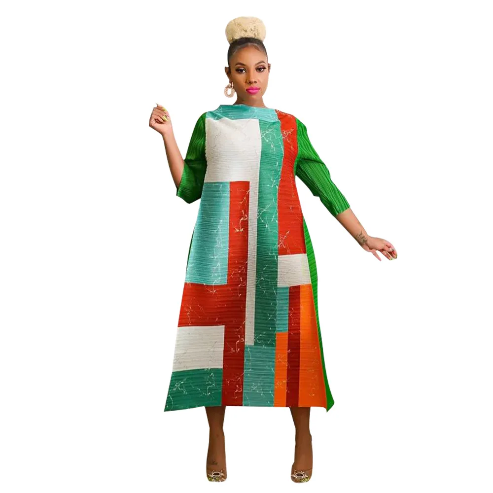 

African Dresses for Women 2023 Fashion African 3/4 Sleeve Polyester Plus Size O-Neck Pleated Long Dress Dashiki African Clothes