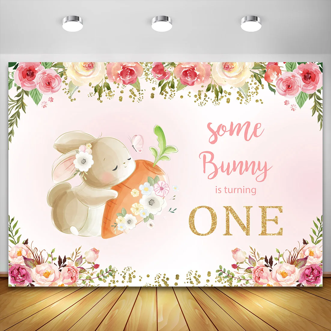 Custom Name Photography Background Floral Bunny Birthday Party Rabbit Balloons Decoration Bohemian Style Backdrop Photo Studio