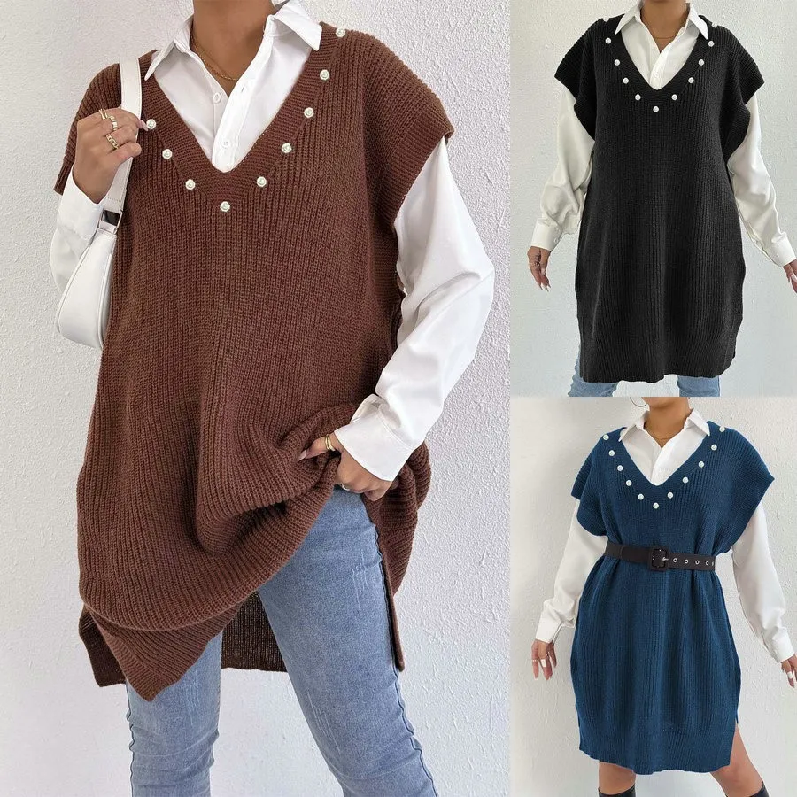 Ceco Suéter Hoado para Mujer, Estilo Informal, Escote en V Profundo, Chaqueta de Suéter con Cuentas, Sin Cinturón, Estil...