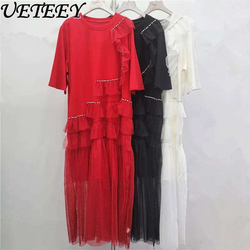 

2026 Ранняя весна, новый дизайн с круглым вырезом, женская мода, нерегулярное сетчатое лоскутное платье с короткими рукавами, прямые длинные платья