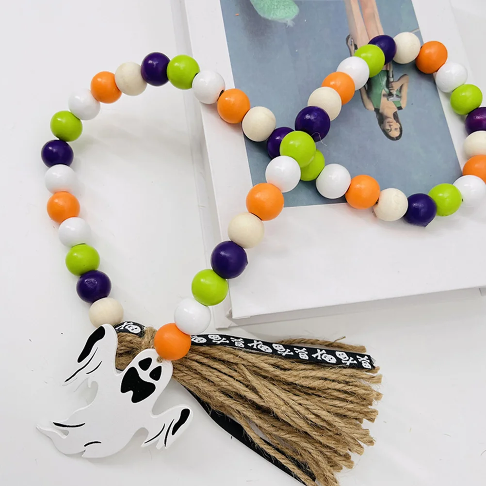 

Halloween Wooden Bead Garland Tassel Decoration Classic Black Orange Colors Desktop Wall Hanging Tiered Tray Decor Holiday