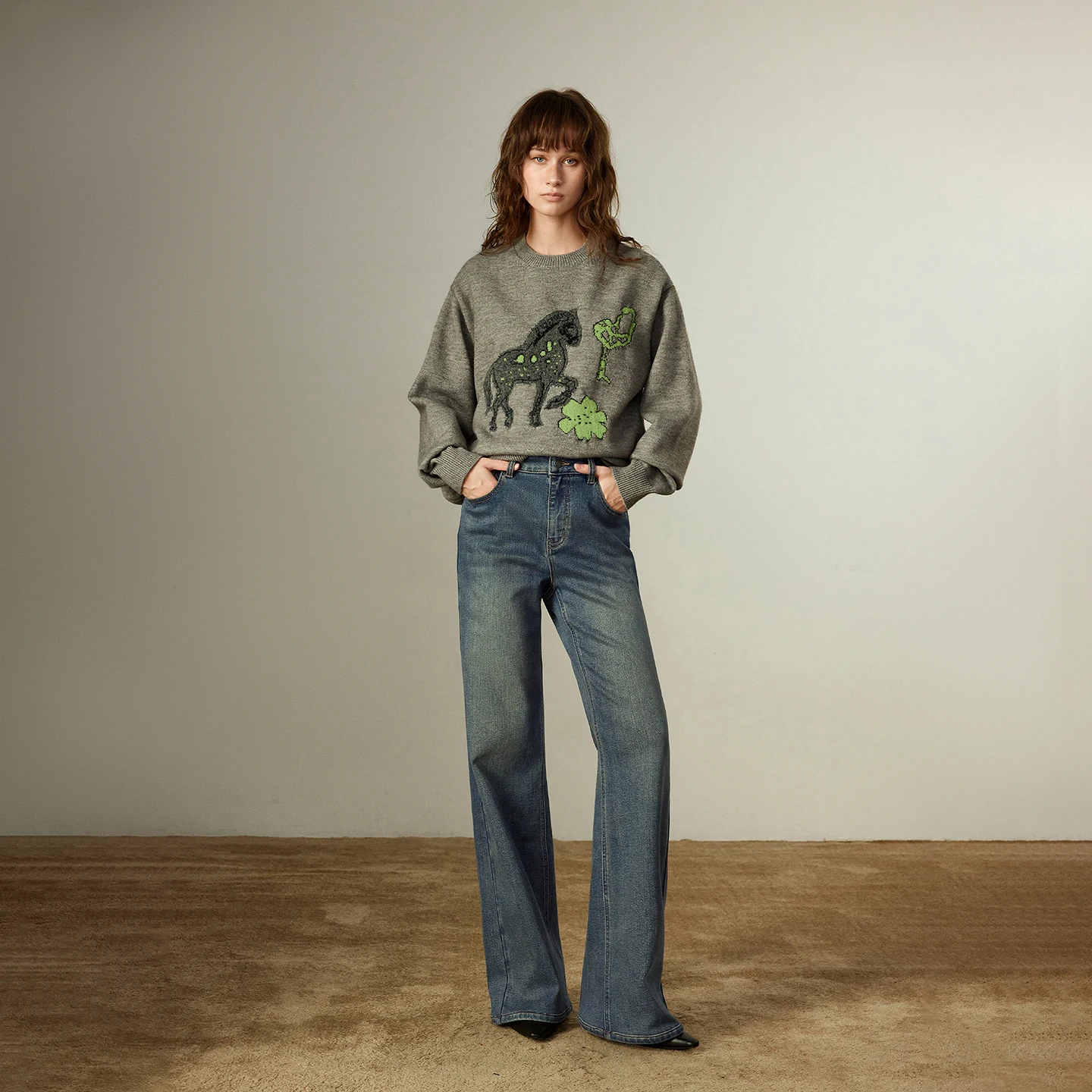 TOYOUTH Women Jeans 2025 Winter New Mid-low Waist Wide-leg Stretch Fleece-lined Warm Slimming Long Pants