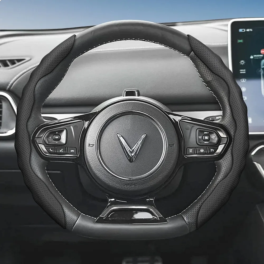 Suitable for Vinfast Steering Wheel Cover, Wave-Shaped Sport Design, Breathable Leather, Segmented, Non-Slip, Sweat-Absorbent,