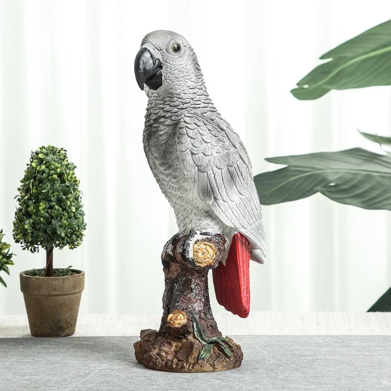 Nordic Style Gray Resin Parrot Desktop Decoration Cartoon Bird Crafts Animal Statue Figurines Living Room Countertop Decoration