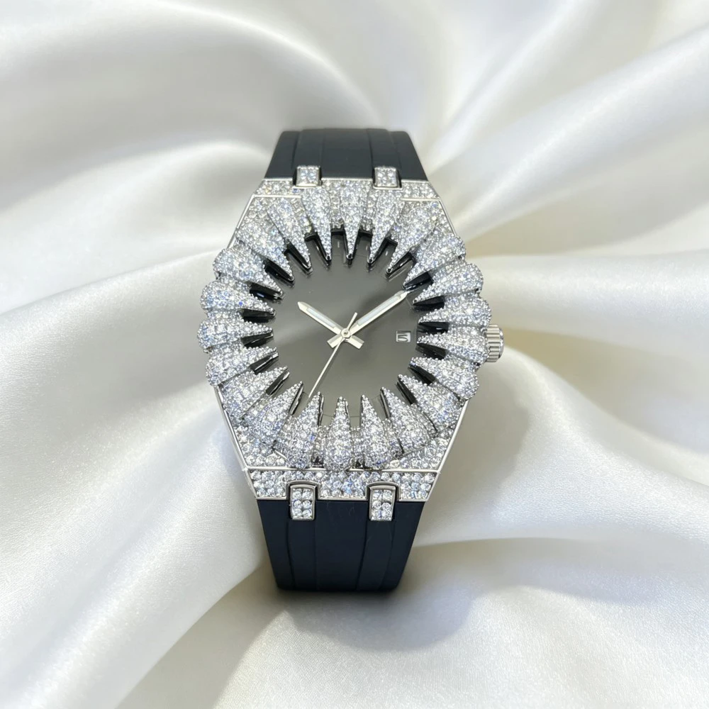 MISSFOX New Design Iced Diamond Watch Men Automatic Date Fashion Waterproof Quartz Clocks Hip Hop Gold Jewelry Wristwatch Gift