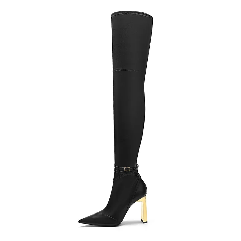

New Autumn Winter Soft Leather Stretch Women Thigh High Boots Elegant Pointed Toe High Heels Over The Knee Boots Party Shoes