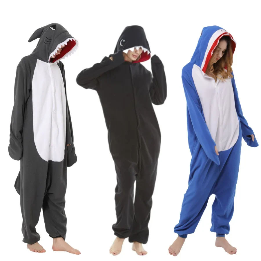 Cosplay Shark Penguin One-piece Hooded Pajamas Loungewear Long Sleeve Sleepwear Winter Homewear for Adult Keep Warm