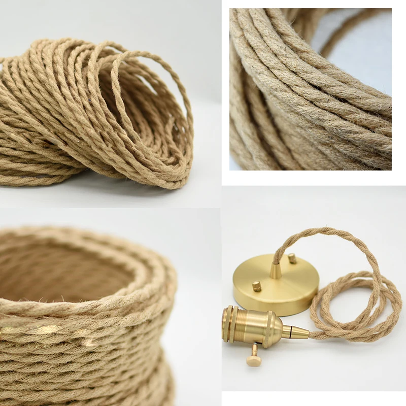 Vintage RopeTwisted yellow Electrical Wire 2*0.75mm Hemp Rope WovenTextile WireTwisted Cable Braided Retro Pendant Light Cord